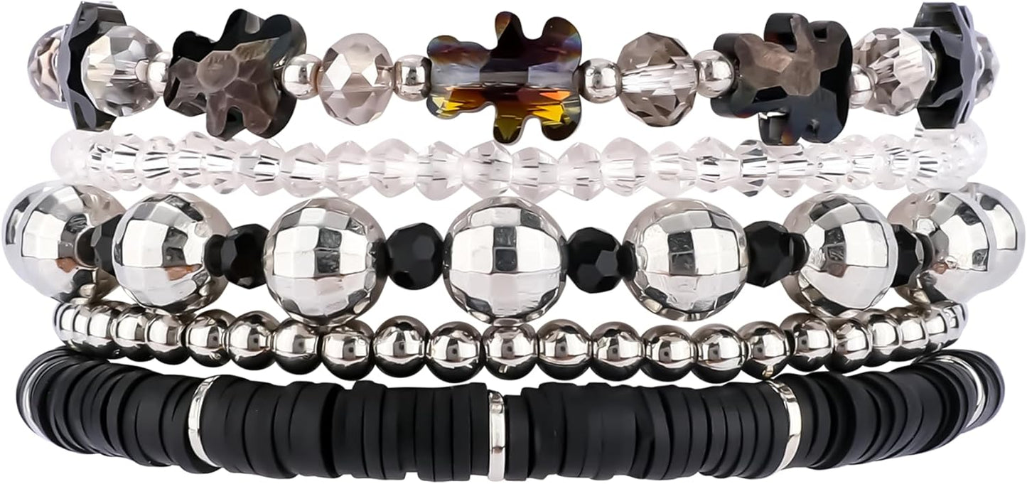 Bohemian Beaded Bracelets for Women Stackable Glass Beads Stretch Bracelets Boho Multilayered Disco Ball Faceted Crystal Beads Bracelet Set Handmade Trendy Jewelry Gift for Women