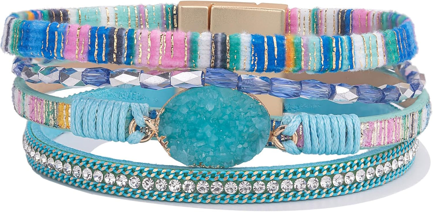 Leather Wrap Bracelet Boho Cuff Bangle Bracelets Crystal Bead Bracelet with Magnetic Clasp Jewelry Gifts for Women