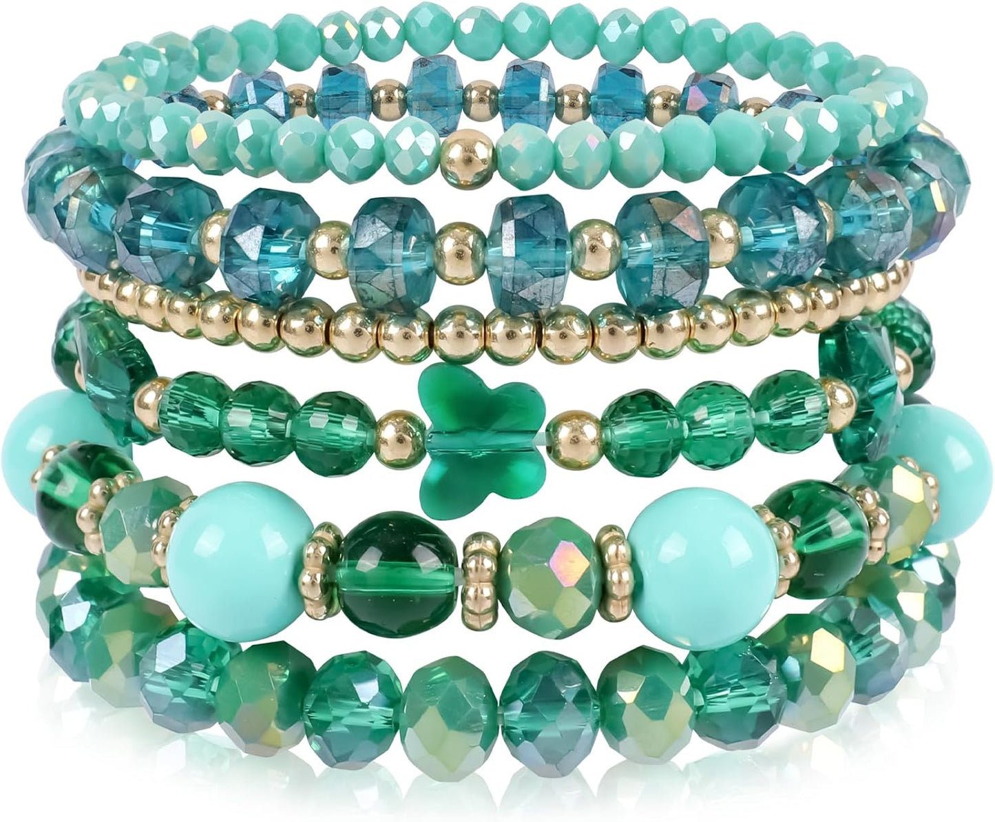 Bohemian Beaded Bracelets for Women Stackable Glass Beads Stretch Bracelets Boho Multilayered Disco Ball Faceted Crystal Beads Bracelet Set Handmade Trendy Jewelry Gift for Women