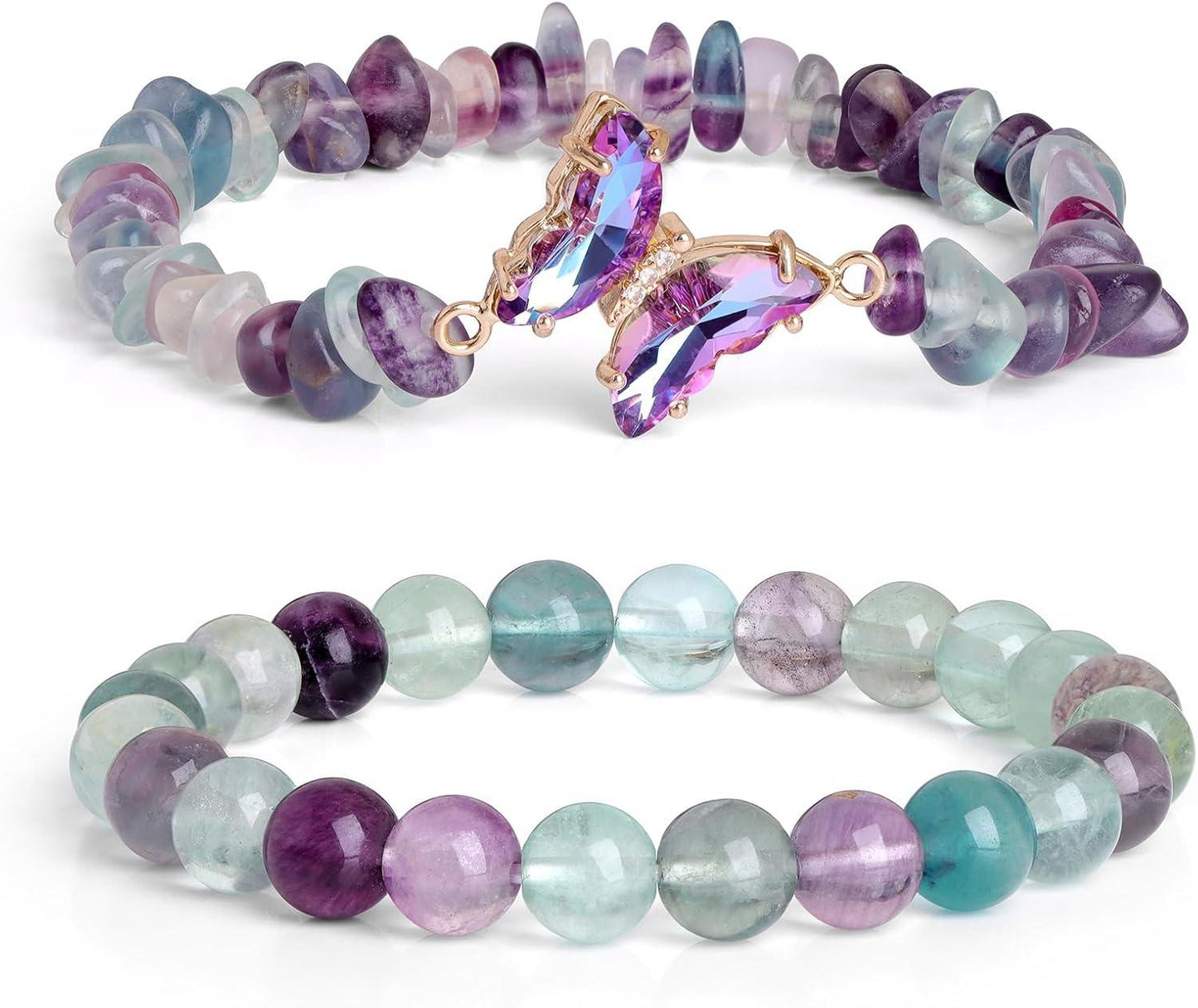 KDTONG Amethyst Bracelet For Women Anxiety Amethyst Beaded Bracelets Butterfly Charms Healing Stone Layered Bracelet Gifts For Women