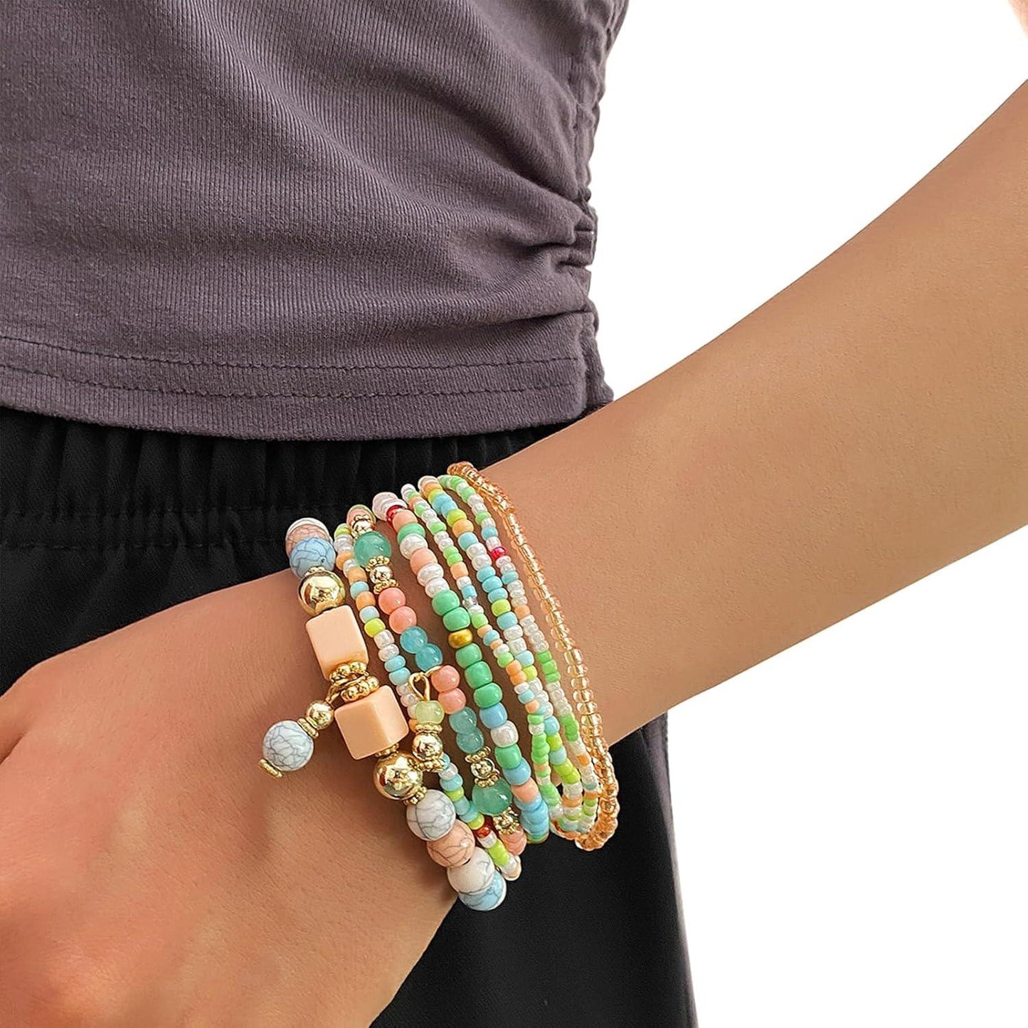 8PCS Beaded Bracelets for Women, Multilayered Stackable Strand Stretch Bead Bracelet Pack Handmade Trendy Bohemian Charm Jewelry