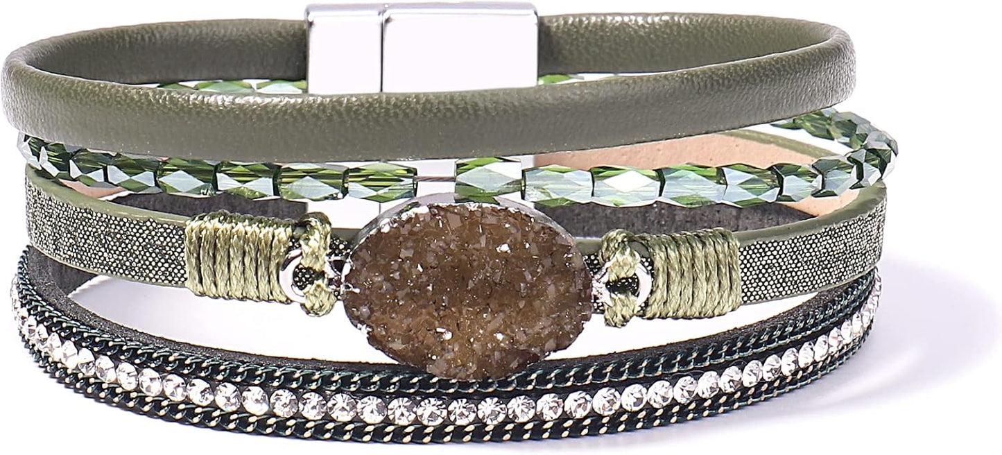 Leather Wrap Bracelet Boho Cuff Bangle Bracelets Crystal Bead Bracelet with Magnetic Clasp Jewelry Gifts for Women