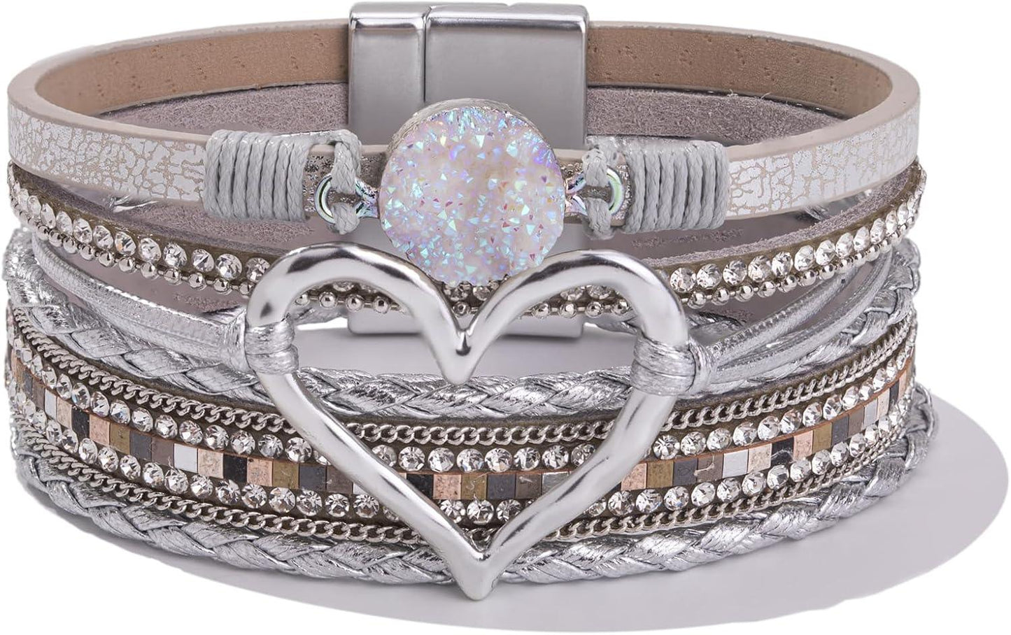 Heart Leather Wrap Bracelets Stackable Boho Cuff Bangles Trendy Resin Stone Rhinestone Bracelets with Magnetic Clasp for Women Mother Gift Jewelry