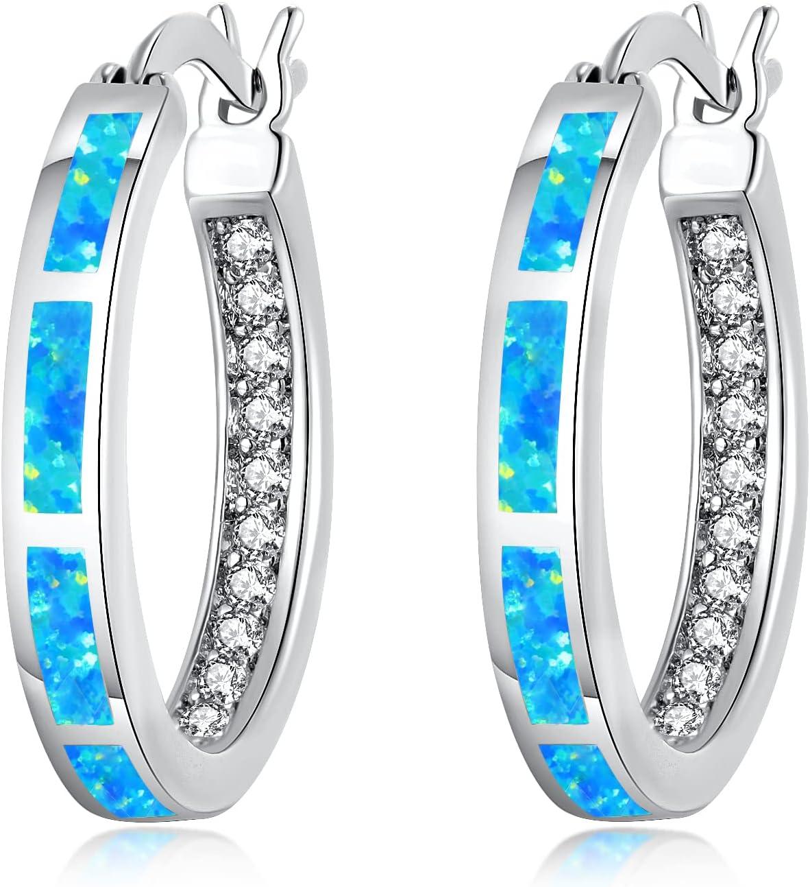KDTONG Sterling Silver/Rose Gold/Yellow Gold Plated Hoop Earrings 20mm,Multicolor Opal Small Hoop Earrings for Women Girls Hypoallergenic Jewelry for Sensitive Ears Gemstone Earrings