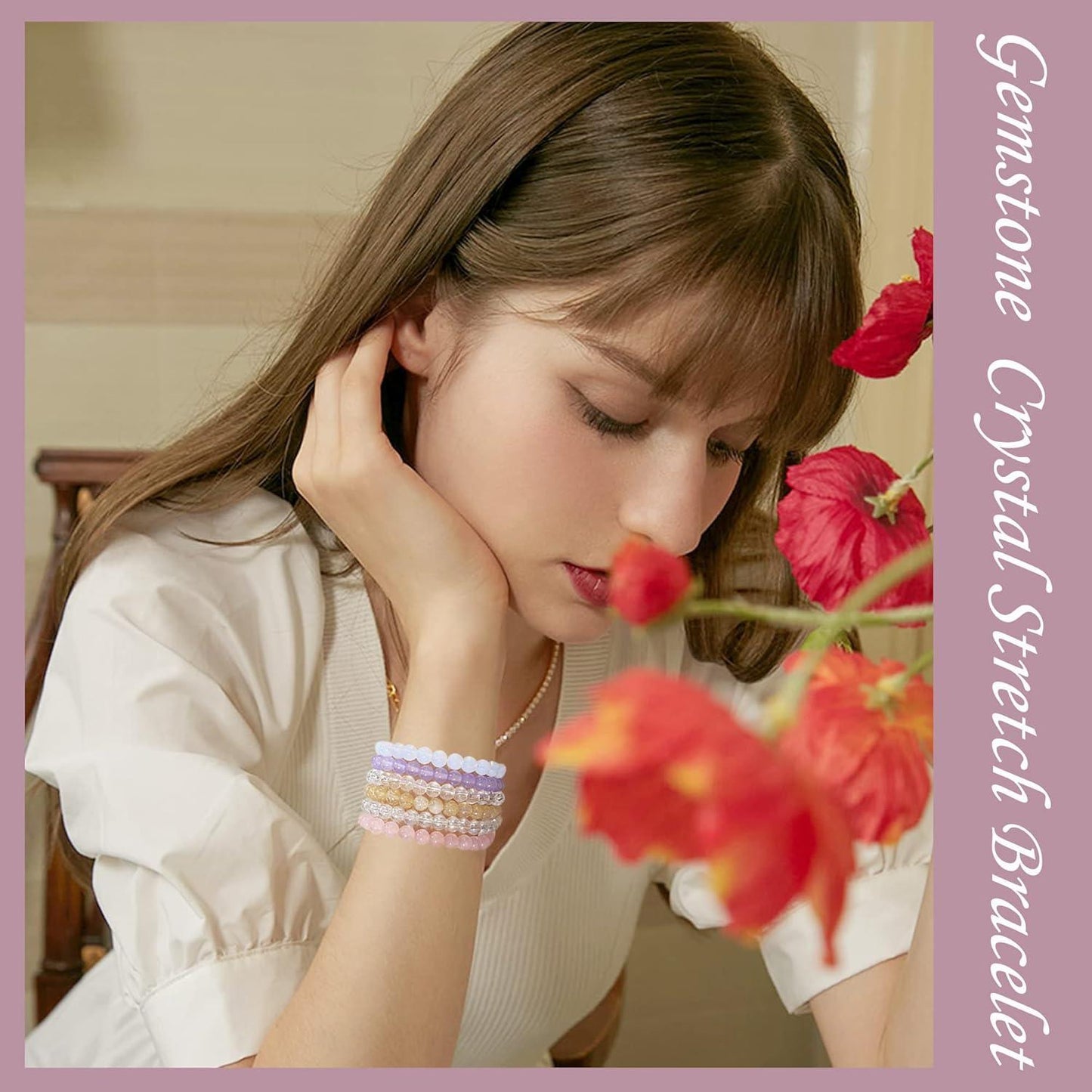 20Pcs 6mm Gemstones Beaded Stretch Bracelet for Women Crystal Stone Bracelets Round Beads Semi-Precious Stretch Bracelet Set Unisex