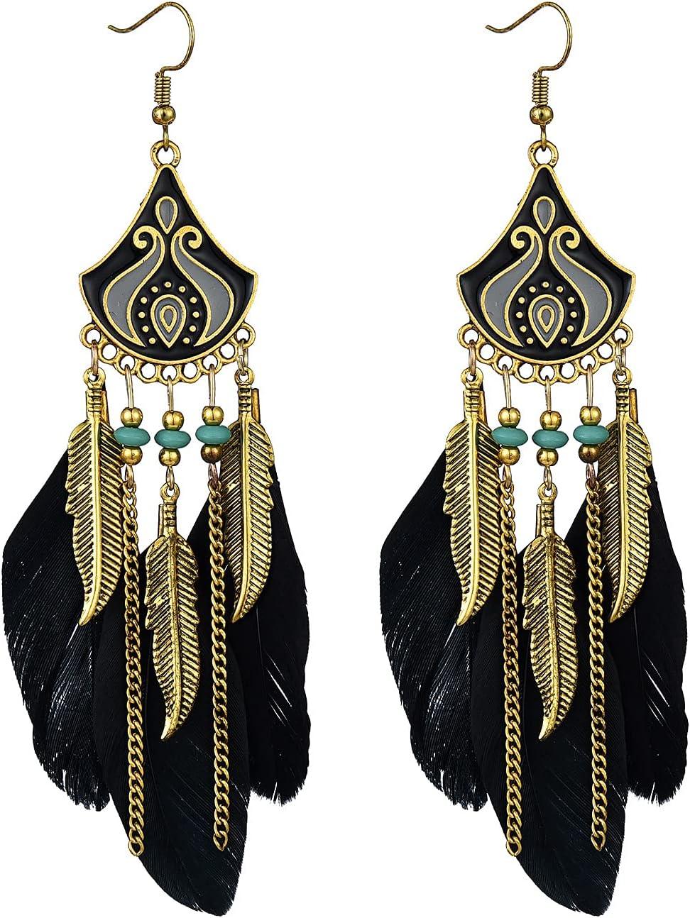 Punk Vintage Long Tassel Feather Earrings for Women Bohemian Handmade Natural Pendant Earring Fish Hook Earrings Vintage Boho Multicolor Tassel Feathers Dangle Drop Earrings Jewelry