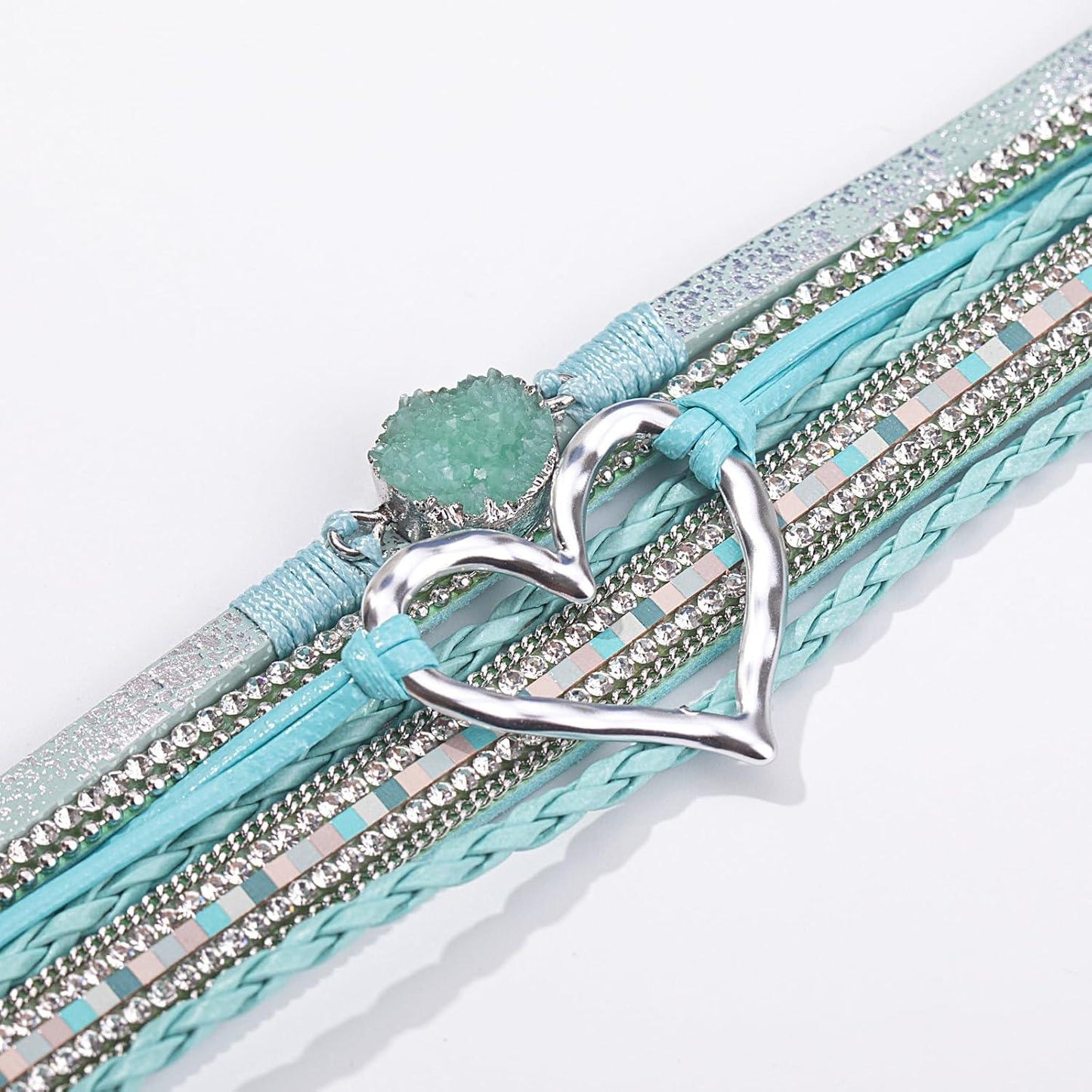 Heart Leather Wrap Bracelets Stackable Boho Cuff Bangles Trendy Resin Stone Rhinestone Bracelets with Magnetic Clasp for Women Mother Gift Jewelry