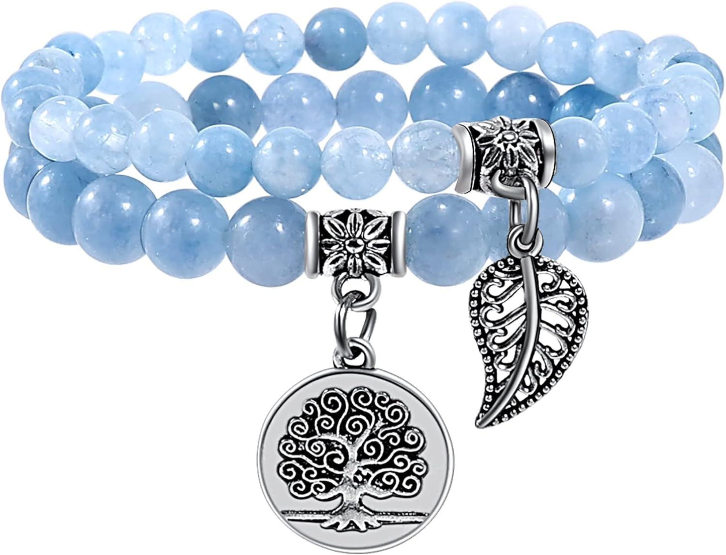 Bivei Natural Semi Precious Gemstone beads bracelet for women - Life Tree and Leaf Charm Energy Reiki Crystal Stretch Bracelets
