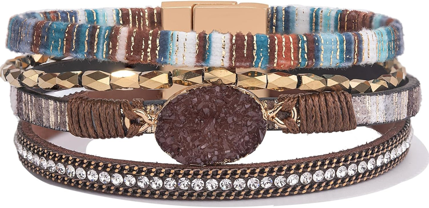 Leather Wrap Bracelet Boho Cuff Bangle Bracelets Crystal Bead Bracelet with Magnetic Clasp Jewelry Gifts for Women