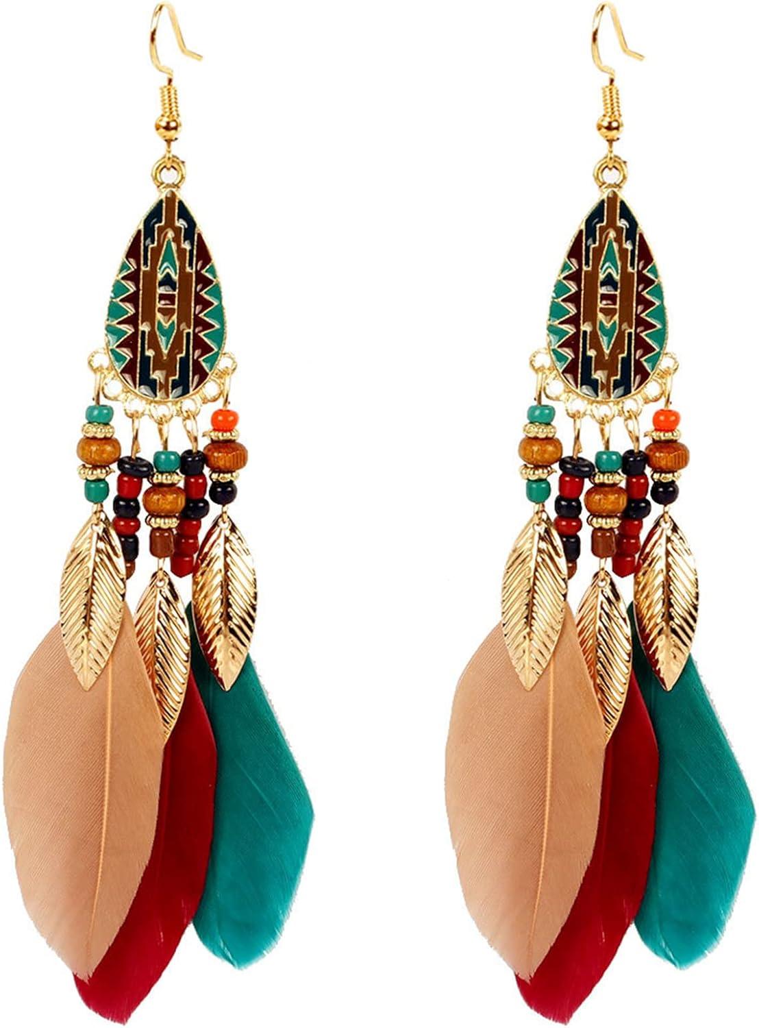 Punk Vintage Long Tassel Feather Earrings for Women Bohemian Handmade Natural Pendant Earring Fish Hook Earrings Vintage Boho Multicolor Tassel Feathers Dangle Drop Earrings Jewelry