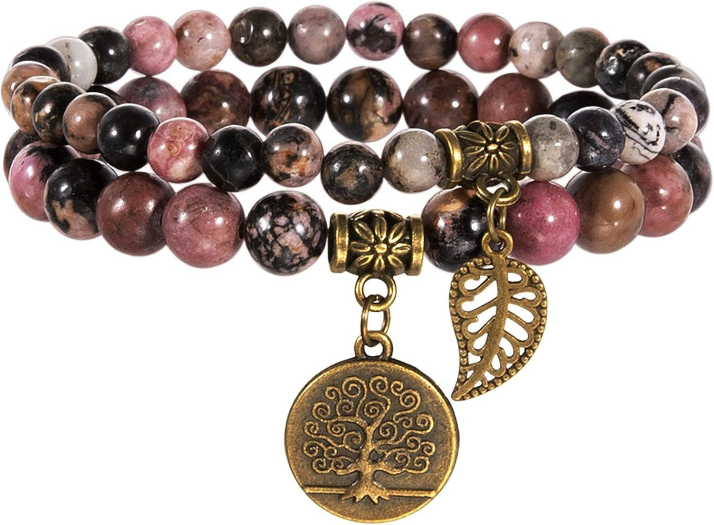 Bivei Natural Semi Precious Gemstone beads bracelet for women - Life Tree and Leaf Charm Energy Reiki Crystal Stretch Bracelets