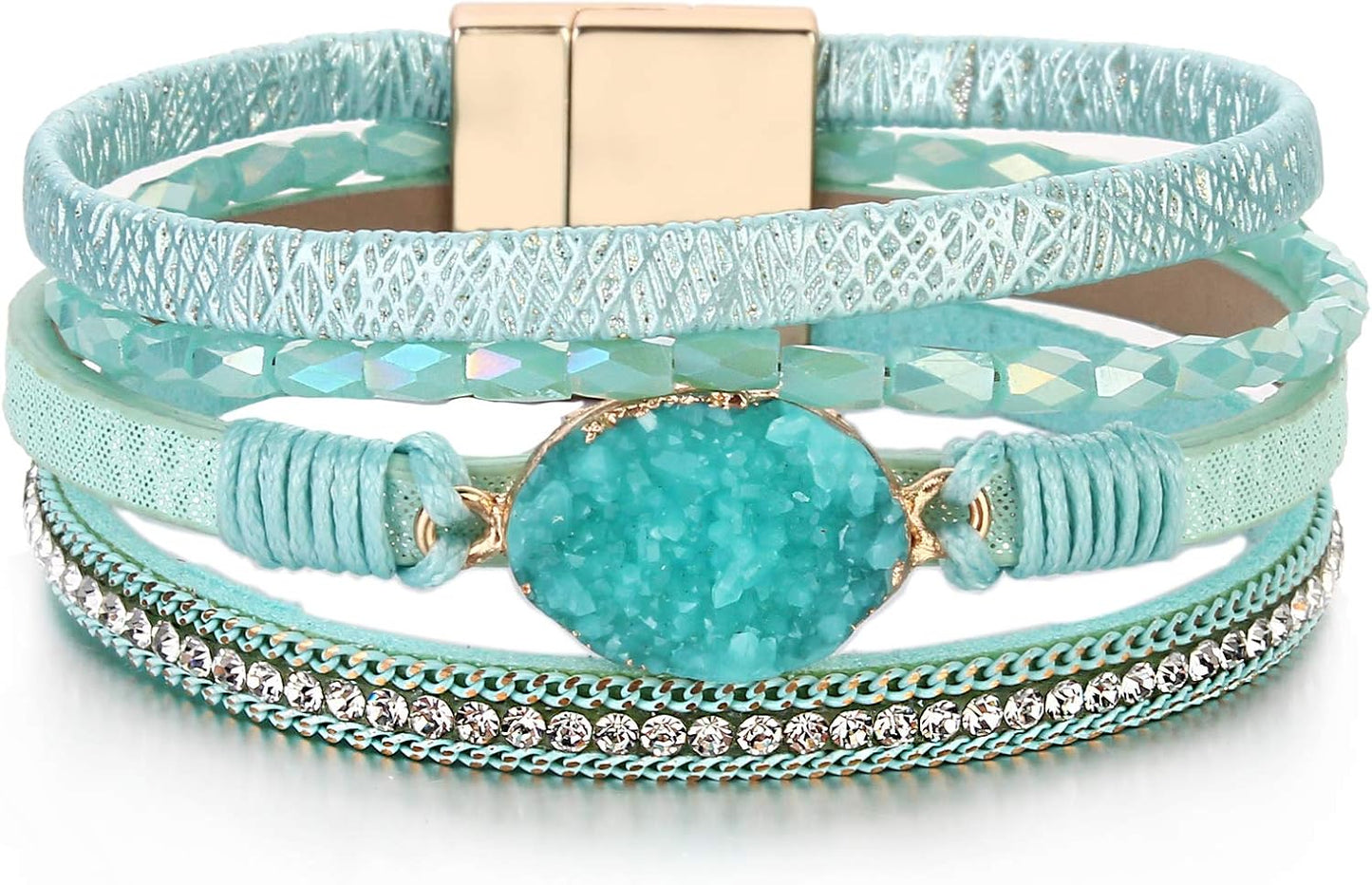 Leather Wrap Bracelet Boho Cuff Bangle Bracelets Crystal Bead Bracelet with Magnetic Clasp Jewelry Gifts for Women