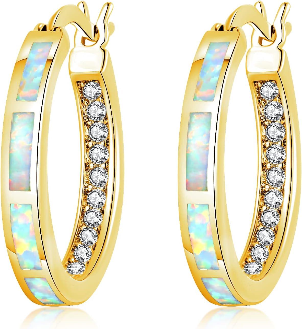 KDTONG Sterling Silver/Rose Gold/Yellow Gold Plated Hoop Earrings 20mm,Multicolor Opal Small Hoop Earrings for Women Girls Hypoallergenic Jewelry for Sensitive Ears Gemstone Earrings