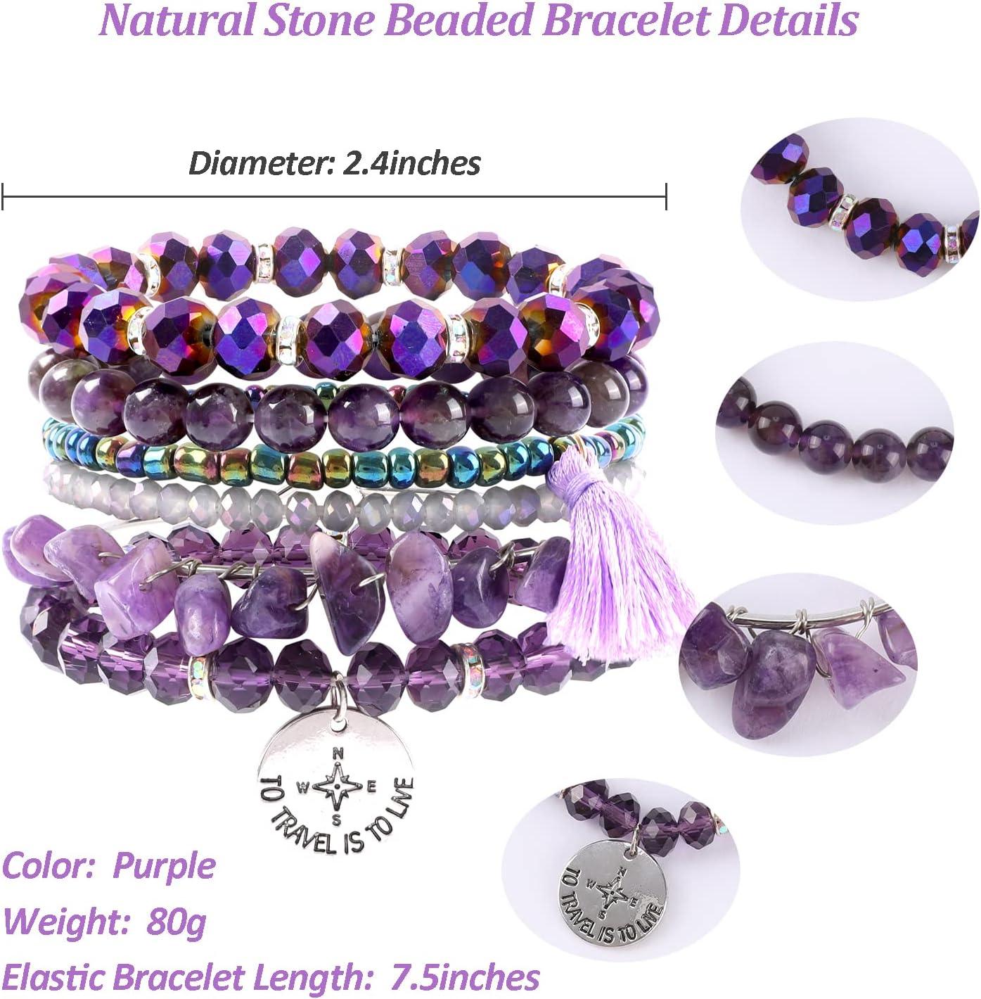 Bohemian Natural Stone Beaded Bracelets for Women Men Stackable Stretch Beads Bracelet Set with Charm and Tassel Multilayered Elastic Gemstone Bracelets Summer Beach Boho Jewelry Gift for Women