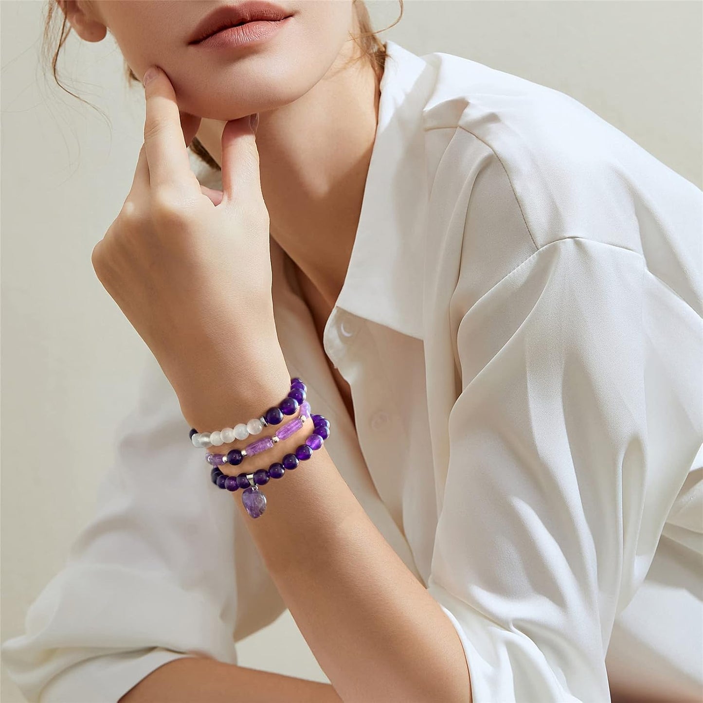 Healing Crystal Beaded Bracelets for Women,Natural Amethyst Gemstones Bracelet,Anxiety Stress Relief Heart Charm Bracelet Handmade purple Jewelry Gifts for Women