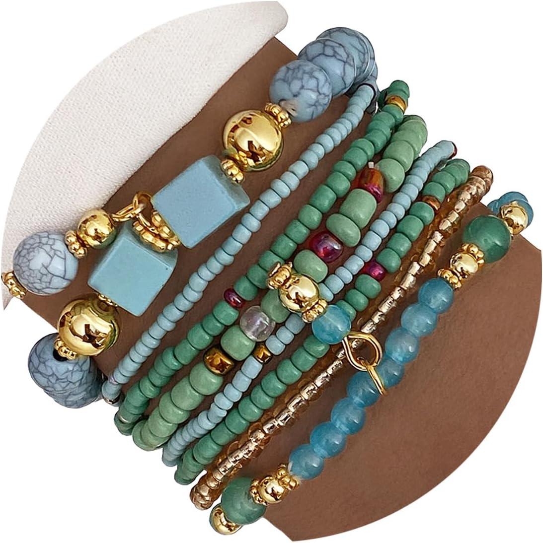 8PCS Beaded Bracelets for Women, Multilayered Stackable Strand Stretch Bead Bracelet Pack Handmade Trendy Bohemian Charm Jewelry