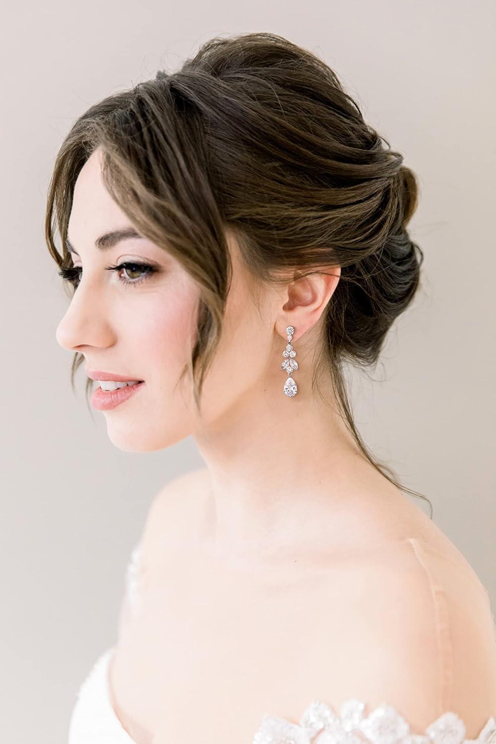 KDTONG Teardrop Wedding Bridal Earrings for Brides, Bridesmaids, Crystal Cubic Zirconia Dangle Drop Earrings for Women Prom Gifts