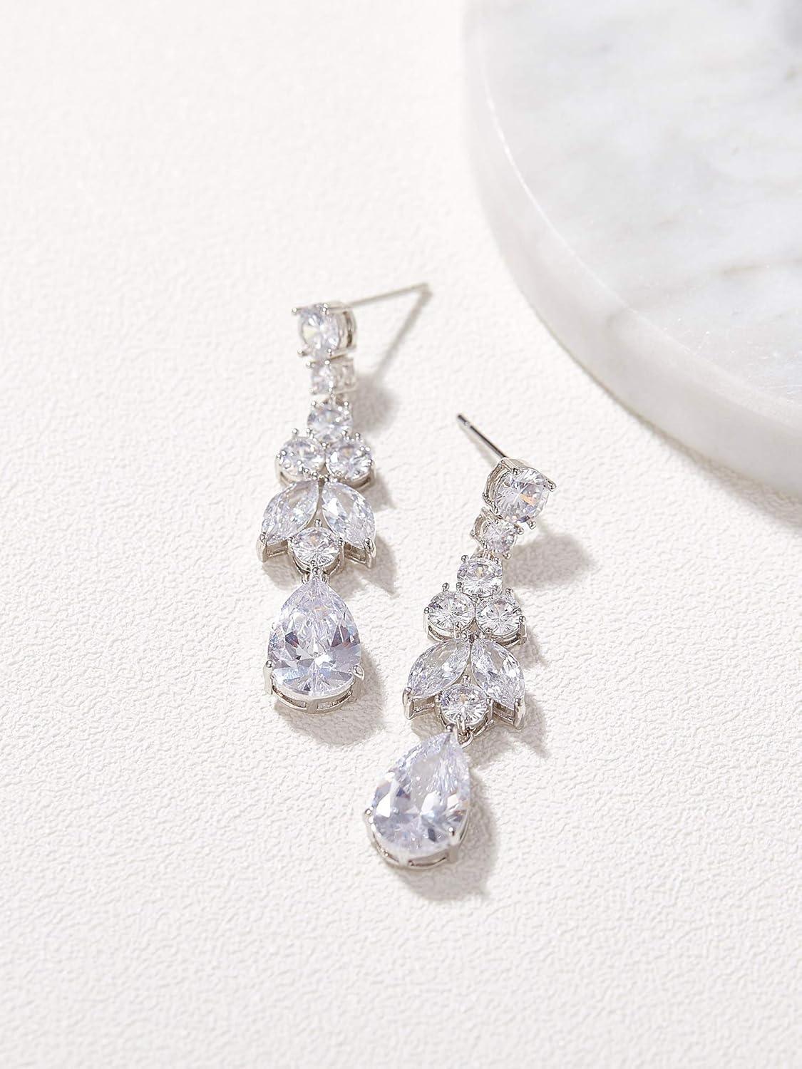 KDTONG Teardrop Wedding Bridal Earrings for Brides, Bridesmaids, Crystal Cubic Zirconia Dangle Drop Earrings for Women Prom Gifts
