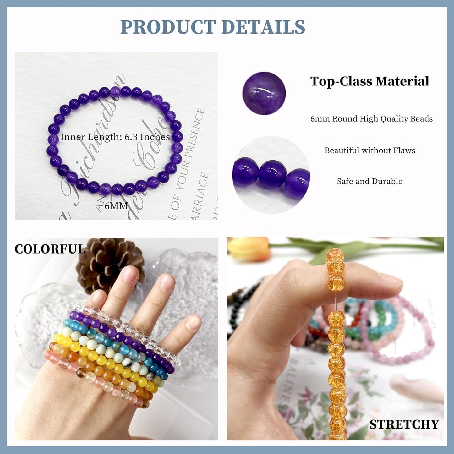 20Pcs 6mm Gemstones Beaded Stretch Bracelet for Women Crystal Stone Bracelets Round Beads Semi-Precious Stretch Bracelet Set Unisex
