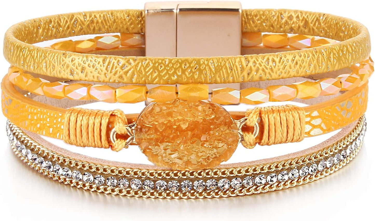 Leather Wrap Bracelet Boho Cuff Bangle Bracelets Crystal Bead Bracelet with Magnetic Clasp Jewelry Gifts for Women