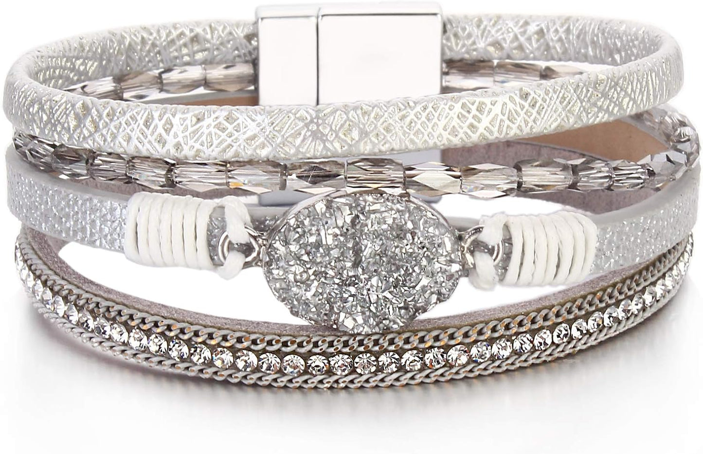 Leather Wrap Bracelet Boho Cuff Bangle Bracelets Crystal Bead Bracelet with Magnetic Clasp Jewelry Gifts for Women