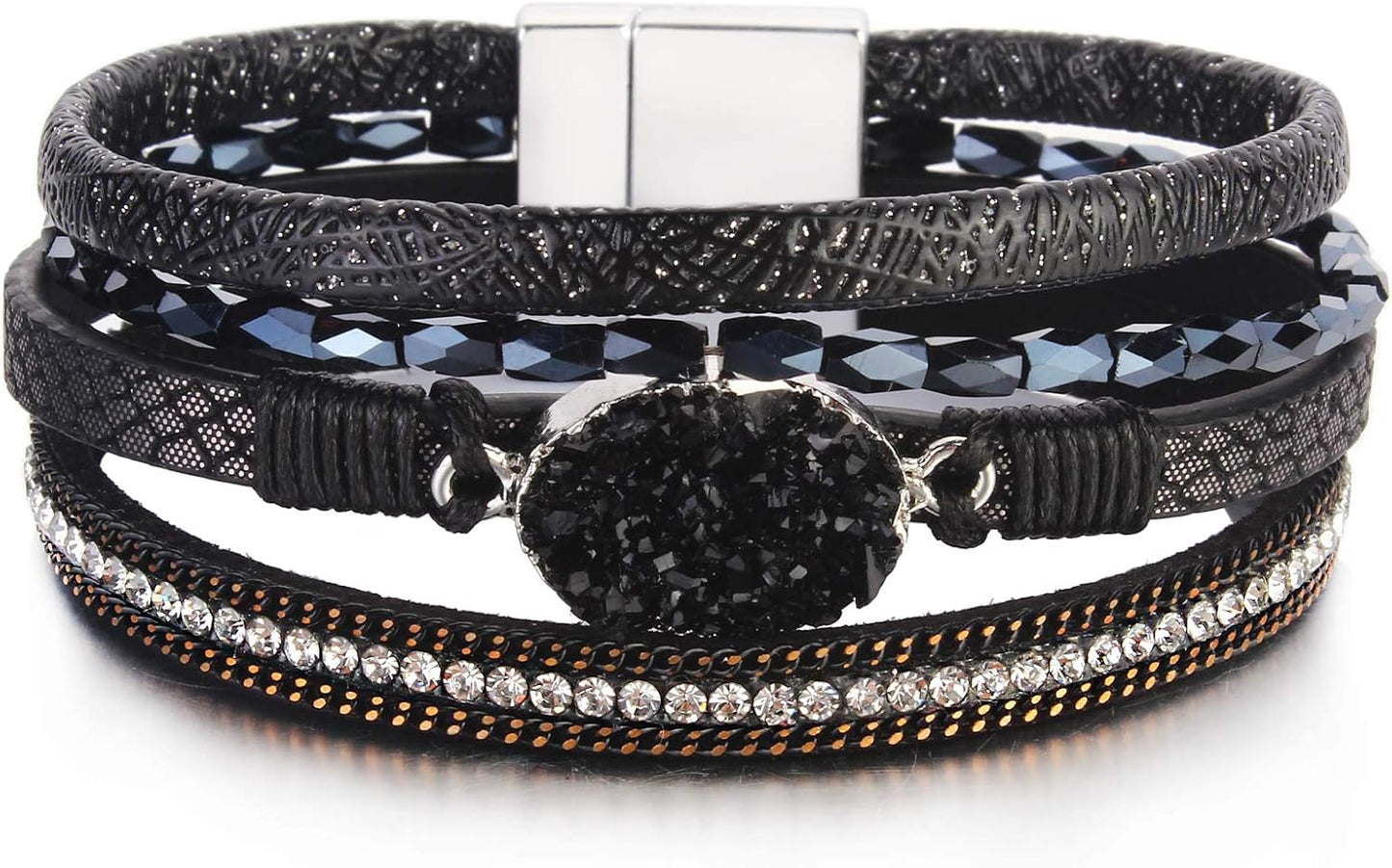 Leather Wrap Bracelet Boho Cuff Bangle Bracelets Crystal Bead Bracelet with Magnetic Clasp Jewelry Gifts for Women