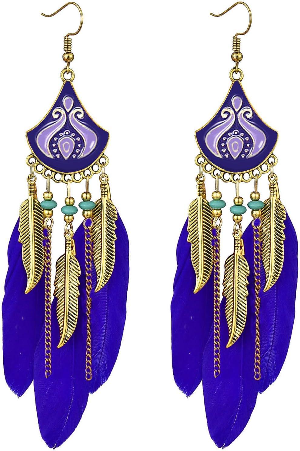 Punk Vintage Long Tassel Feather Earrings for Women Bohemian Handmade Natural Pendant Earring Fish Hook Earrings Vintage Boho Multicolor Tassel Feathers Dangle Drop Earrings Jewelry