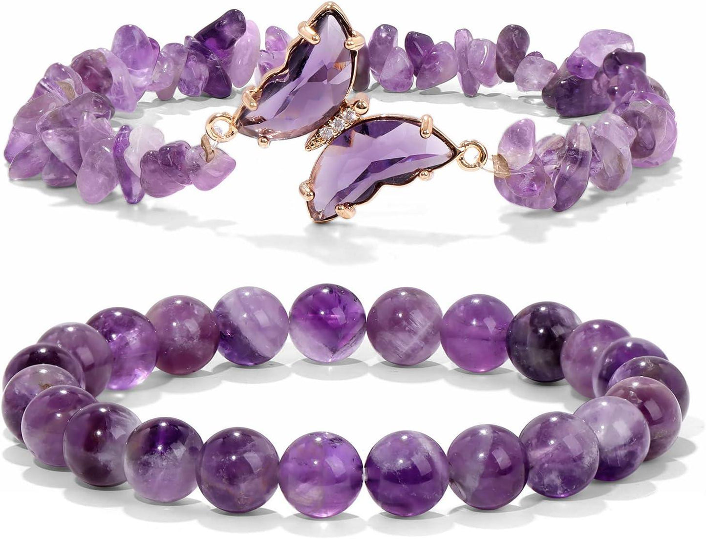 KDTONG Amethyst Bracelet For Women Anxiety Amethyst Beaded Bracelets Butterfly Charms Healing Stone Layered Bracelet Gifts For Women