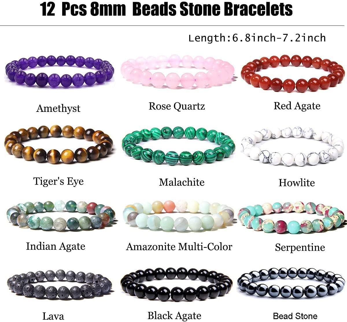 KDTONG 12PCS 8mm Gorgeous Semi-Precious Gemstones Round Beads Energy Power Crystal Reiki Elastic Stretch Bracelet For Women men Gifts