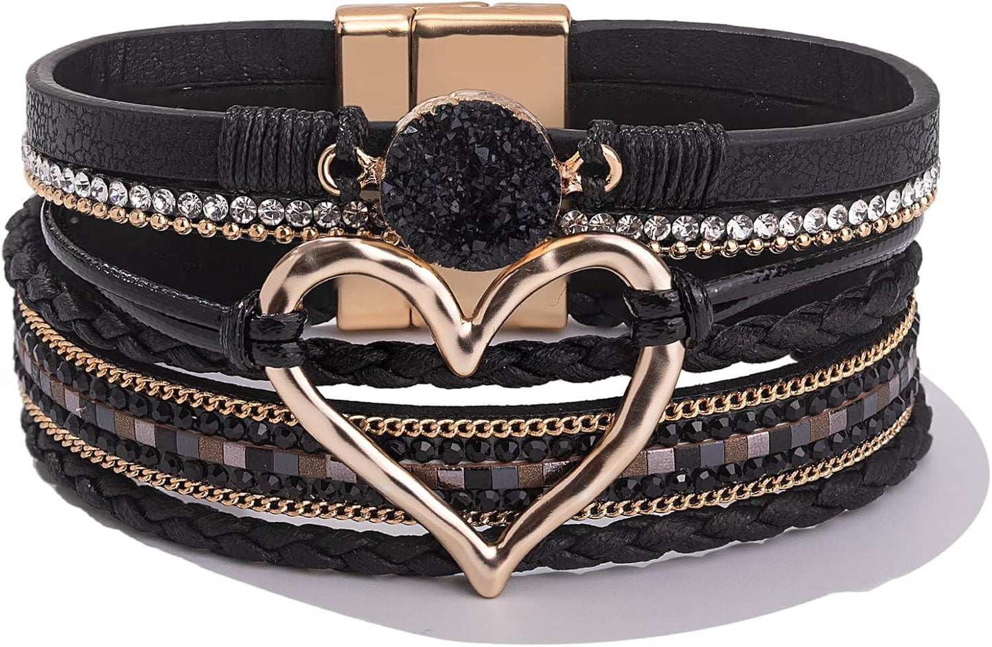 Heart Leather Wrap Bracelets Stackable Boho Cuff Bangles Trendy Resin Stone Rhinestone Bracelets with Magnetic Clasp for Women Mother Gift Jewelry