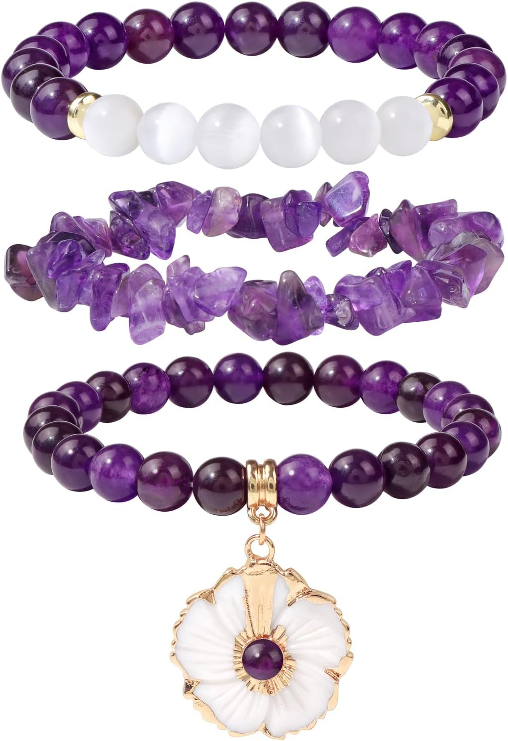 Healing Crystal Beaded Bracelets for Women,Natural Amethyst Gemstones Bracelet,Anxiety Stress Relief Heart Charm Bracelet Handmade purple Jewelry Gifts for Women