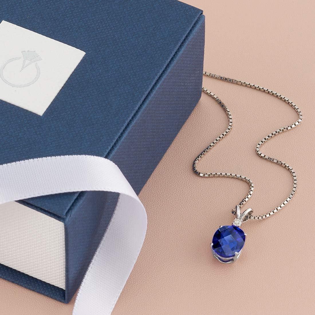 14K White Gold Created Blue Sapphire with Genuine Diamond Pendant for Wome, Elegant Solitaire, 3.65 Carats Oval Shape AAA Grade, Sparkling Blue Sapphire Jewelry, September Birthstone Gift