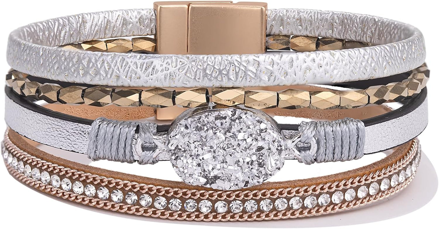 Leather Wrap Bracelet Boho Cuff Bangle Bracelets Crystal Bead Bracelet with Magnetic Clasp Jewelry Gifts for Women