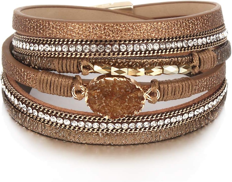 Leather Wrap Bracelet Boho Cuff Bangle Bracelets Crystal Bead Bracelet with Magnetic Clasp Jewelry Gifts for Women