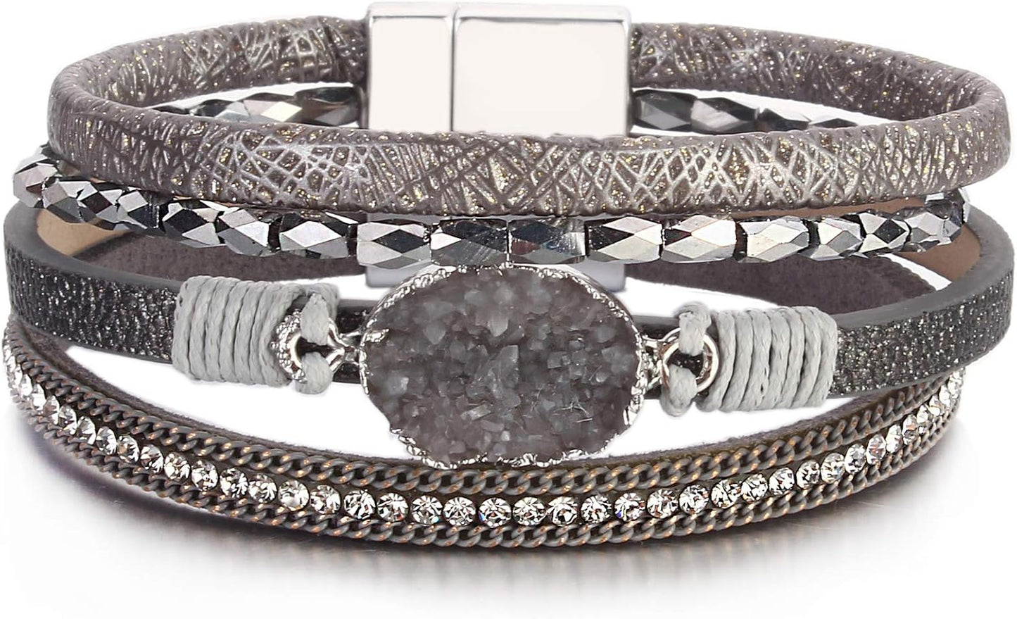 Leather Wrap Bracelet Boho Cuff Bangle Bracelets Crystal Bead Bracelet with Magnetic Clasp Jewelry Gifts for Women