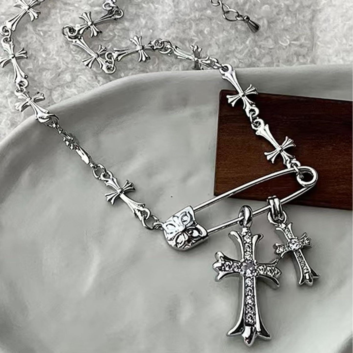 Cross Necklaces for Women, Safety Pin Necklace Silver Cross Cubic Zirconia Pendant Necklace, Faith Cross Necklaces Punk Goth Jewelry for Women Men
