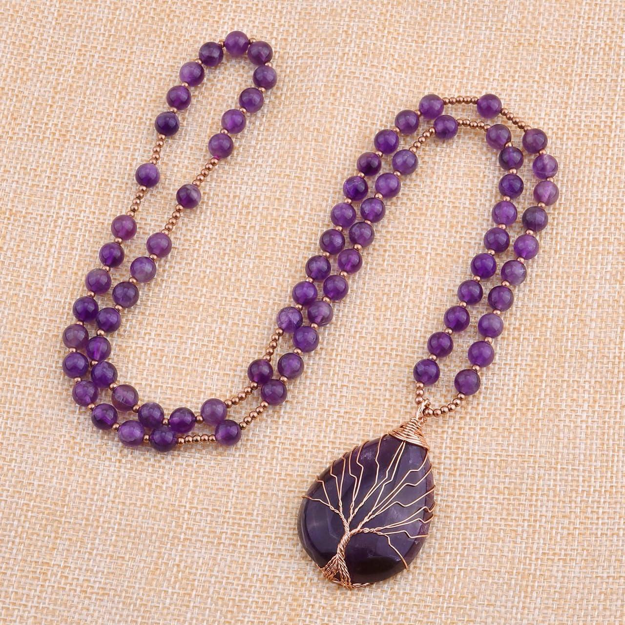KDTONG Healing Crystal Amethyst Necklace Natural Stone Beads Life Tree Wire Wrapped Teardrop Gemstone Pendant Jewelry for Women Mom