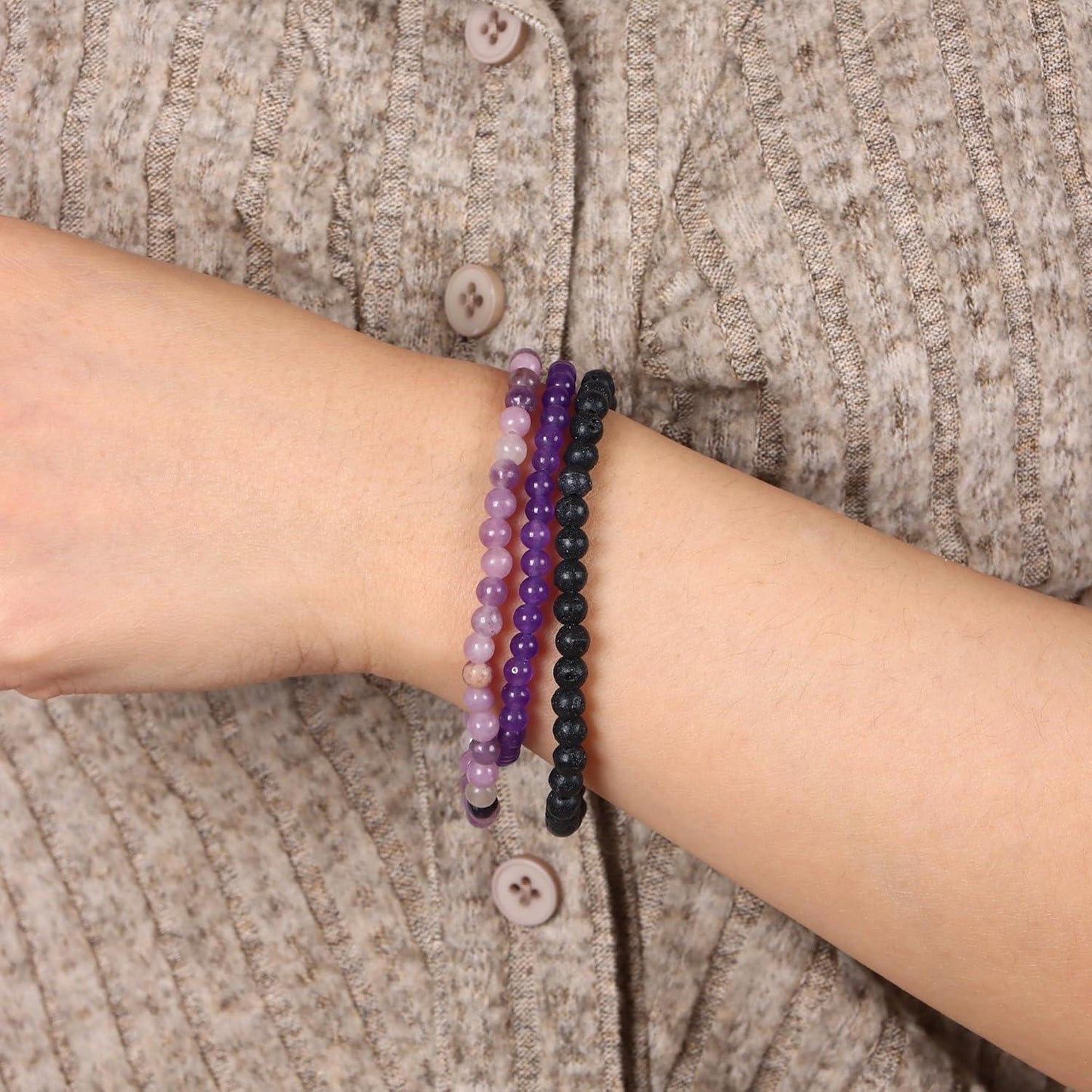 3PCS Crystal Bracelets for Women Men 4mm Semi-Precious Gemstone Beaded Bracelets Round Gemstones Elastic Stretch Bracelet Yoga Bracelets Unisex Jewelry
