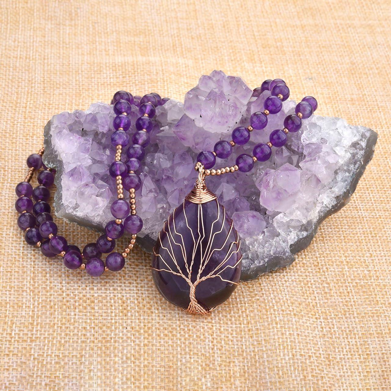 KDTONG Healing Crystal Amethyst Necklace Natural Stone Beads Life Tree Wire Wrapped Teardrop Gemstone Pendant Jewelry for Women Mom