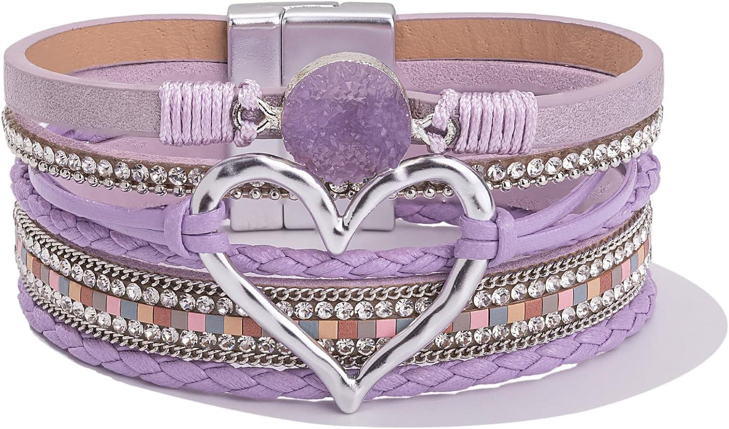 Heart Leather Wrap Bracelets Stackable Boho Cuff Bangles Trendy Resin Stone Rhinestone Bracelets with Magnetic Clasp for Women Mother Gift Jewelry