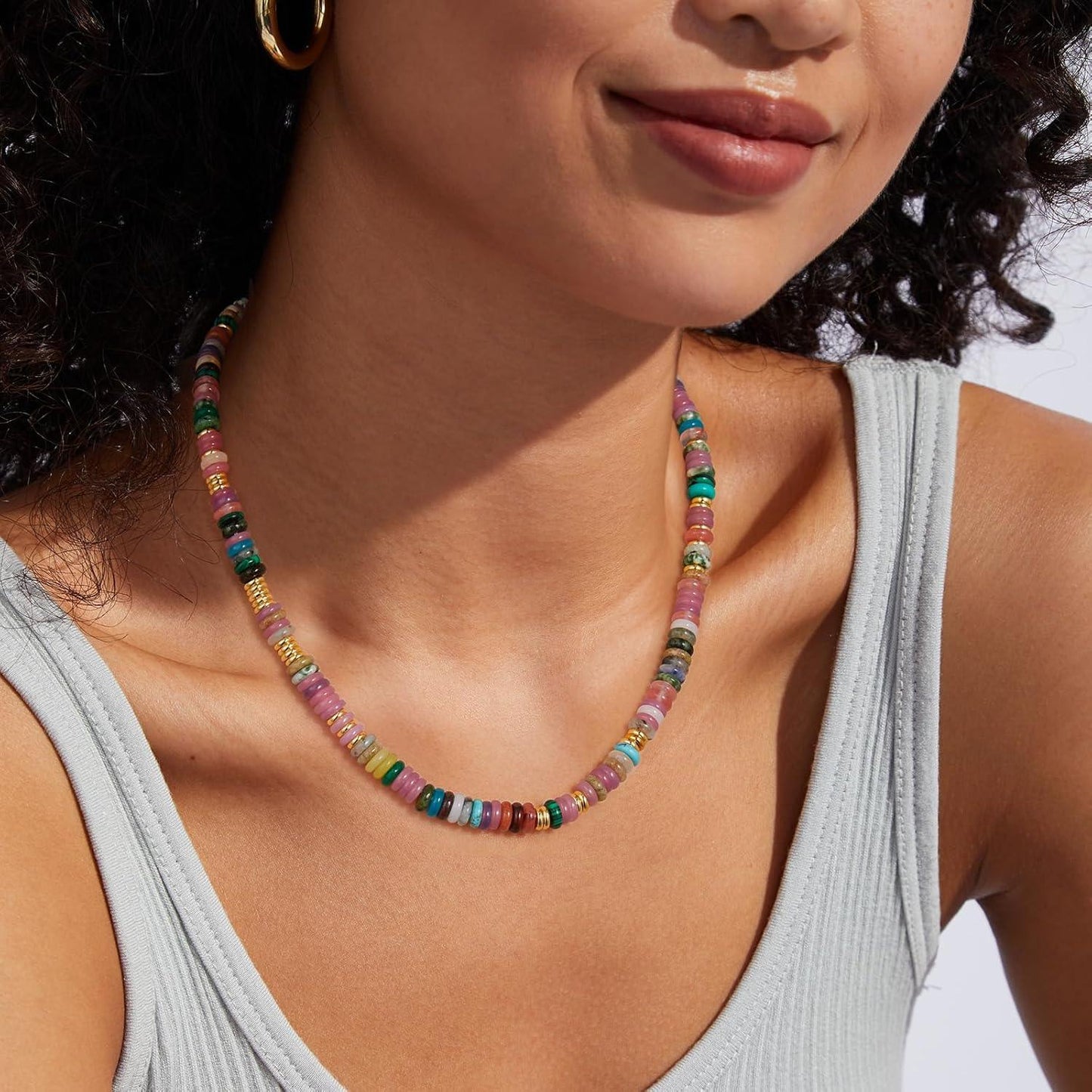Beaded Choker Necklace for Women, Gemstone Choker Natural Stone Freshwater Pearl Surfer Necklaces 14K Gold Plated Summer Beach Handmade Jewelry