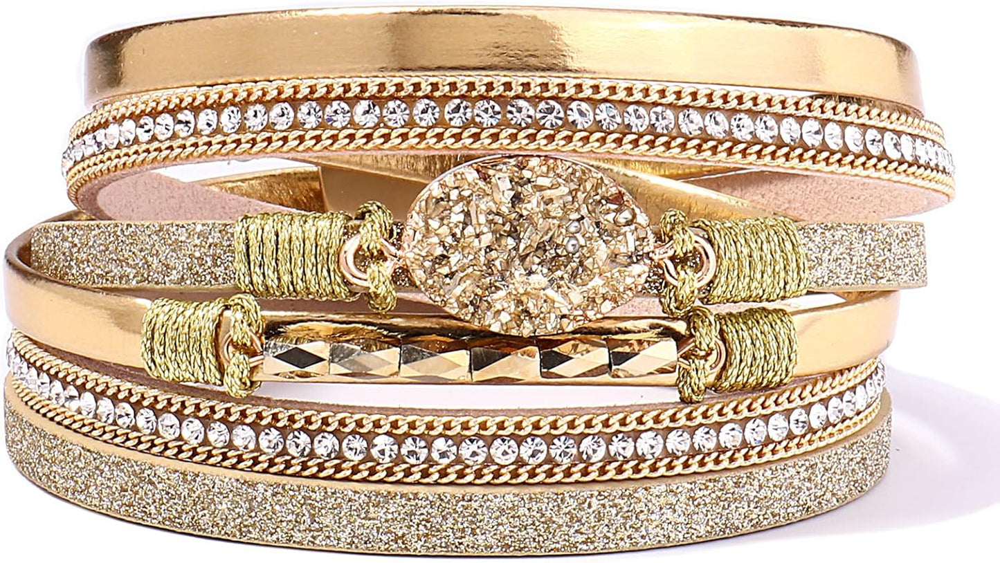 Leather Wrap Bracelet Boho Cuff Bangle Bracelets Crystal Bead Bracelet with Magnetic Clasp Jewelry Gifts for Women