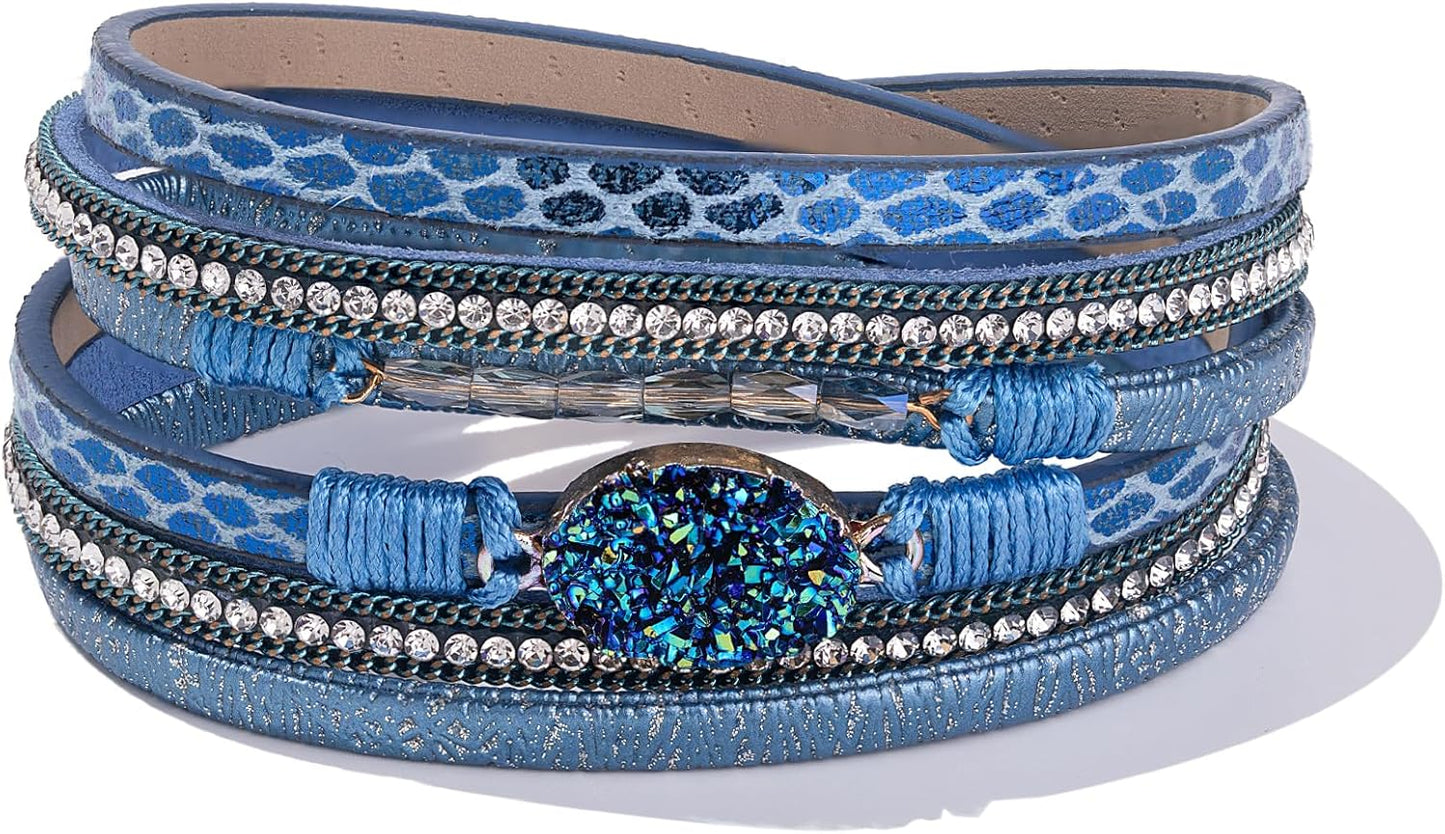 Leather Wrap Bracelet Boho Cuff Bangle Bracelets Crystal Bead Bracelet with Magnetic Clasp Jewelry Gifts for Women