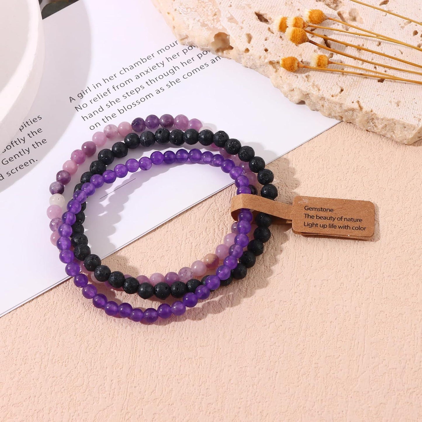 3PCS Crystal Bracelets for Women Men 4mm Semi-Precious Gemstone Beaded Bracelets Round Gemstones Elastic Stretch Bracelet Yoga Bracelets Unisex Jewelry