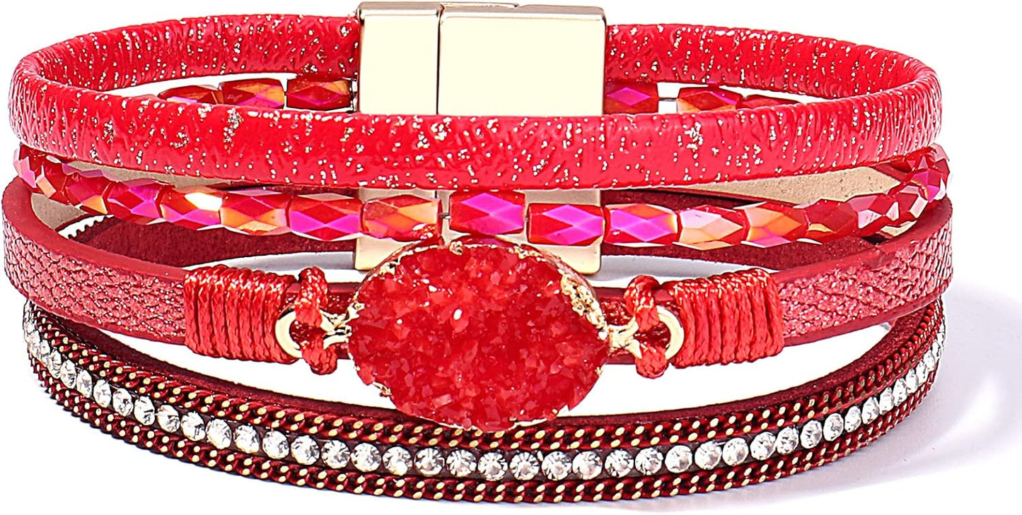 Leather Wrap Bracelet Boho Cuff Bangle Bracelets Crystal Bead Bracelet with Magnetic Clasp Jewelry Gifts for Women