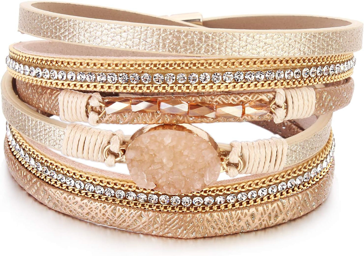 Leather Wrap Bracelet Boho Cuff Bangle Bracelets Crystal Bead Bracelet with Magnetic Clasp Jewelry Gifts for Women