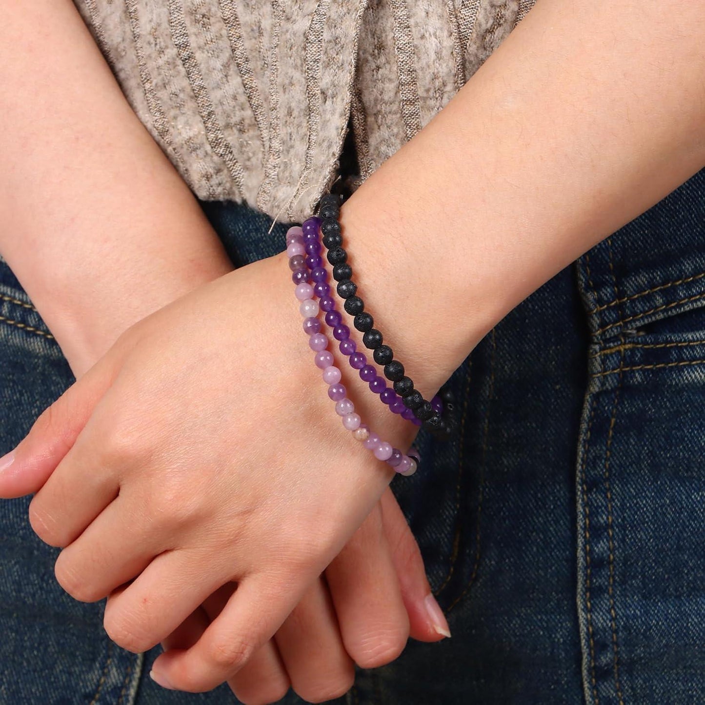 3PCS Crystal Bracelets for Women Men 4mm Semi-Precious Gemstone Beaded Bracelets Round Gemstones Elastic Stretch Bracelet Yoga Bracelets Unisex Jewelry