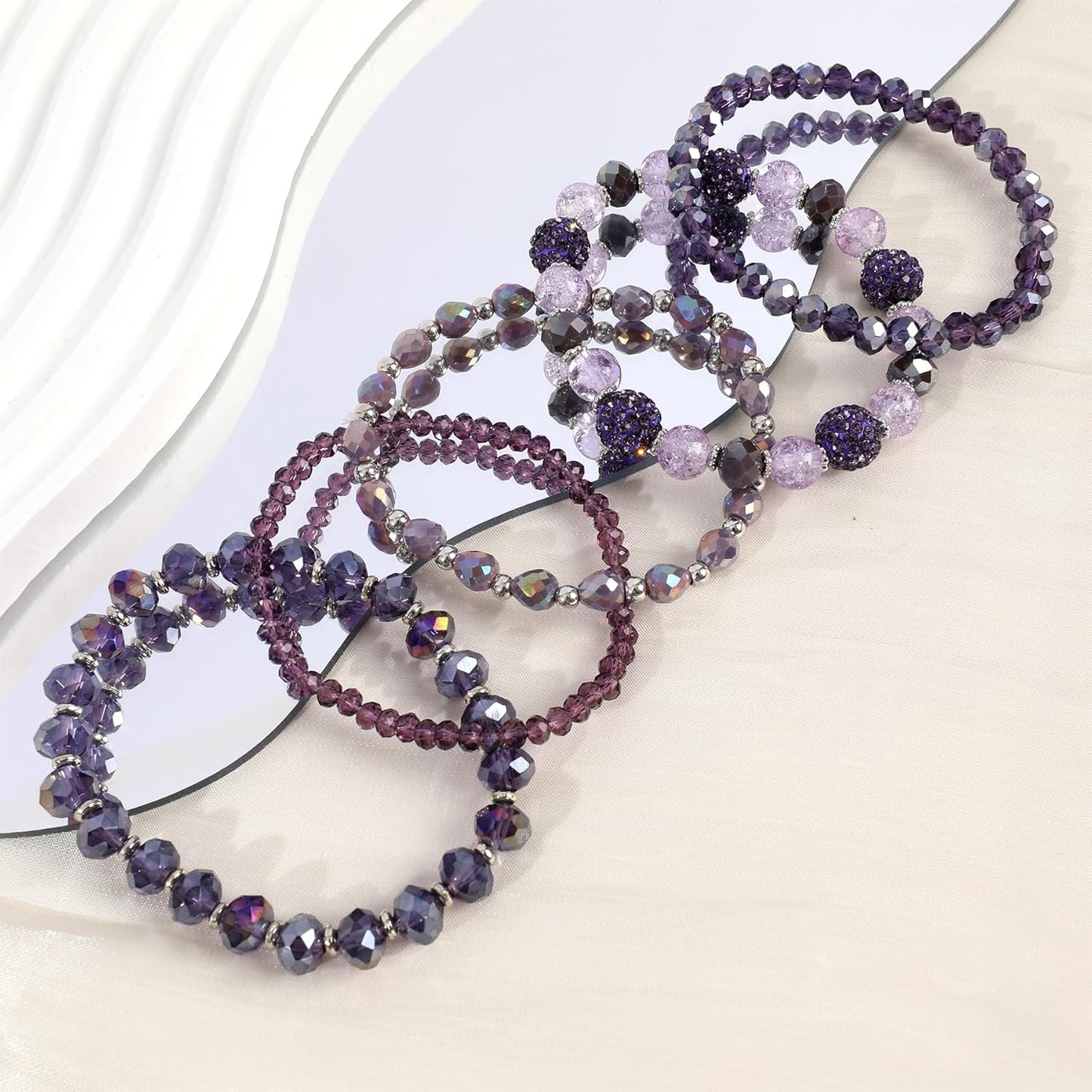 Bohemian Beaded Bracelets for Women Stackable Glass Beads Stretch Bracelets Boho Multilayered Disco Ball Faceted Crystal Beads Bracelet Set Handmade Trendy Jewelry Gift for Women