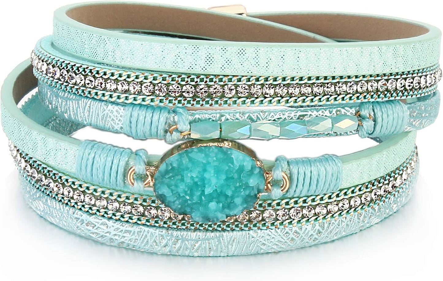 Leather Wrap Bracelet Boho Cuff Bangle Bracelets Crystal Bead Bracelet with Magnetic Clasp Jewelry Gifts for Women