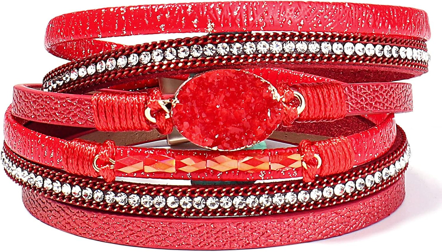 Leather Wrap Bracelet Boho Cuff Bangle Bracelets Crystal Bead Bracelet with Magnetic Clasp Jewelry Gifts for Women